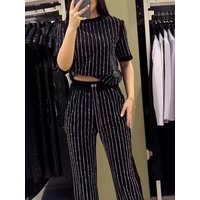 Slim Fit Knitted Short Sleeve round Neck Two Piece Set Autumn Fashion Women's Suit Set Casual Style High Waist Pants Striped ...