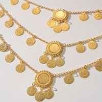 Gold Plated Turkish Kurdish Women's Shoulder Jewelry Chain Arabic Coin Big Necklace for Wedding Festival Costume