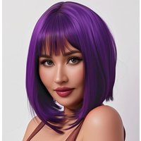12 inch deep purple synthetic bob wig, paired with straight hair, suitable for daily use at role-playing parties