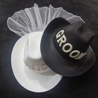 1PCS Bride White Yarn Cowboy Hat Groom Groom Bridal Imitation Pearl Letter Top Hat Pre Wedding bachelor Party Photo Prop