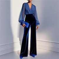 Sheer Sleeve Fashion Jumpsuit Women Elegant New Deep V Neck Wide Leg Slim Fit Splic Party Evening Office Jumpsuit Formal Romper