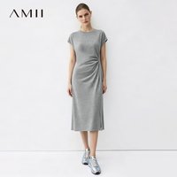 Amii Women's Casual Dresses 2026 Summer New O-Neck Dolman Sleeve Rhinestone Shirred Stretch Air Layer Slim Midi Dress 12642044