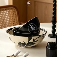 Vintage French Floral Ceramic Bowl Large Salad Soup Bowl Black White Rice Bowl Microwave Dishwasher Safe Tableware
