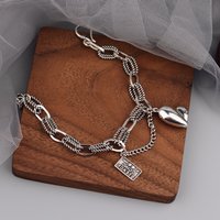 925 Silver Bracelet Linked Vintage Chain Punk Heart Dangle Word Tag Good Wish For Woman Girl Jewelry Gift Dropship Wholesale