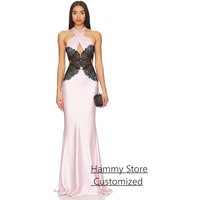 Sexy Mermaid Evening Dress Customized Halter Sleeveless Open Back Sweep Train Lace Arabian Party Gown Dancing Prom Gown
