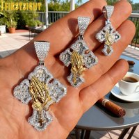 2025 New Two Tone Color Cross Praying Hand Pendant Necklace Iced Out Bling CZ Paved Charm Hip Hop For Women Men Jewelry
