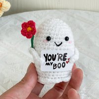 Funny Positive Crochet Ghost Doll With Card Halloween Home Decoration Handmade Knitted Little Flower Ghost Desktop Ornament Gift
