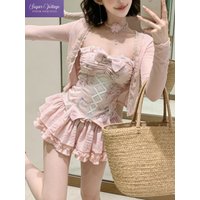 Korean Sweet Fashion 3 Pieces Set Women Slim Lace Trim Cardigan + Floral StraplessTop + Ruffle Skirt Summer Casual Chic Outfit
