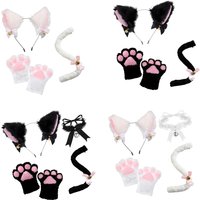 Cat Ear and Tail Paw Lolita Cosplay Costume Set Plush Ear Bell Headband Bowknot Collar for Carnival Masquerade Festival Props