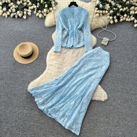 Women Two Piece Sets Skirt Set Sexy Lace V Neck Full Sleeve Tops Long Skirts High Waist Y2k Streetwear Elegant Work Slim Fit