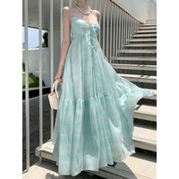 Elegant Summer Beach Photo Shoot Fairy Tale Backless Tie Dye Purple Floral Vacation Style Beach Dress Women's Loose Waist Pol...