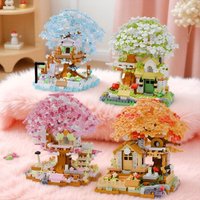 600+ Teile Vierfarbiger Kirschblüten-Baumhaus-Baustein-Bausatz, Schlafzimmer- und Arbeitszimmer-Montage-Display, Weihnachtsgeschenk (ohne Box)