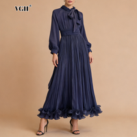 VGH Fashion Church Events White Maxi Dress for Women Bow Neck Longs Sleeves Ruched Waist Ruffled Hem Design for Formal Dinners