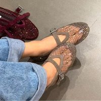 Diamond Ballet Shoes For Women, High Version Summer Retro Suede Flat Bottom Fishing Net Hollow Mary Jane Single Shoes