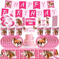 Pink Horse Racing Birthday Party Decor Horse Set Tableware Tablecloth Cup Balloon Cake Topper Baby Showe Denim Girl Party Suppli