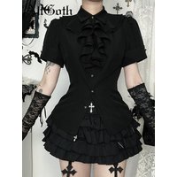 AltGoth Vintage Dark Gothic Shirt Women Palace Style Aesthetic Y2k Ruffle Patchwork Short Sleeve Blouse All-match Clothes Female