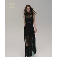 High Quality Hot Selling "Ink Love" Black Elegant Mesh Slim Fit Slimming Slit Dress Women Pleated Dress Mid Length Vintage Y2k