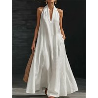 2026 New Women Halter V Neck Maxi Dress Women's Casual Dresses Sleeveless A Line Loose Pockets Linen Beach Vacation Outfits