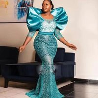 Ruffles Scoop Prom Gowns For African Women Aso Ebi Birthday Gowns Robe De Soiree 3/4 Long Sleeves Lace Mermaid Evening Dresses