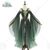 Europe Stock DAIZBELLA Women's Medieval Renaissance Costume Elf Style Green Dress with Sleeves for Halloween Cosplay Costume