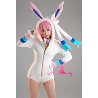 Mobbunny PM Derivative Sexy Fluffy Hooded Bodysuit Deep V Kawaii One Piece Romper with Choker and Socks Cosplay Costume