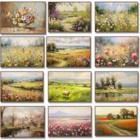 1Pc Frameless Wildflowers Countryside Lake Still Life Canvas Painting Floral Art Print Vintage Meadow Landscape Poster Farmhouse