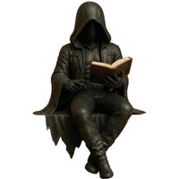 Durable Resin Sculpture Mystery Reading Figurine Fantasy Black Robe Sitting Sculpture for Halloween Bookshelf Desk Decor