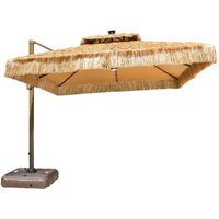 3m Thatched Roof Cantilever Patio Umbrella with Solar LED Lights, 360° Rotation Outdoor Hawaiian Style Tiki Umbrella with Base