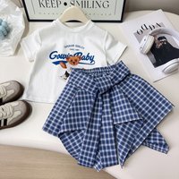 Summer New Girls Clothing Set Cartoon Bear Letter Print T-shirt+Grid Skirt 2Pcs Suit For 2 3 4 5 6 8 Years Girls Stylish Outfit