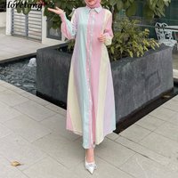 Spring Autumn Muslim Abaya Colorful Stripe Petal Sleeve Button Front Turn-down Collar Loose Modest Casual Maxi Dress Ramadan Eid
