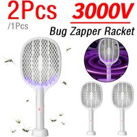 1/2Pcs Handheld Electric Fly Swatter 3000V Bug Zapper Racket 2 IN 1 Fly Swatter with USB Rechargeable Mosquito Killer Lamp