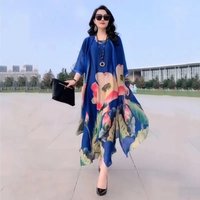 Silk Dress Two-Piece Women's Elegant Floral Large Size Dress Suit Casual Vintage Middle Aged Mother Long Dress Sets New Fashion
