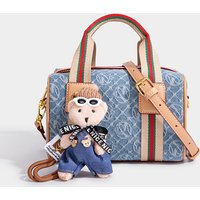 Women Vintage Denim Mini Boston Crossbody Bag With Removable Bear Charm Adjustable Strap Gold Hardware Casual Daily Handbag