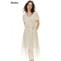 DUSHU Women's Summer Jacquard Dress Soft Light Rose Pattern Mesh U-Neck Puff Sleeve High Waist Casual Midi Dress Apricot 2026