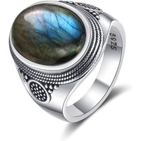 Vintage S925 Sterling Silver 10*14MM Labradorite Rings with Moonstone Large Natural Stone Rings Retro Boho Jewelry for Men