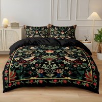 3pcs Black Retro Floral Print Coreless Duvet Cover Set, Multi Size Bedroom Dormitory Soft and Comfortable, Machine Washable