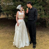Sondr Customized 2 Pieces Korean Wedding Snap Dresses U-Neck Sleeveless A Line Bridal Gown Simple Korea Photo Shoot Gown