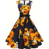 Plus size women's summer palace style foreign style waist sleeveless polyester fiber sunflower print retro large skirt dress 。