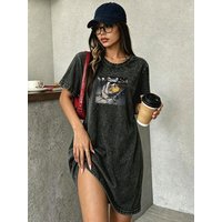 Vintage Washed Retro T-shirt Dress for Women, Fashion Streetwear Brand Midi Dress with Fun Graphic Prints