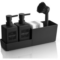 Kitchen Soap Dispenser Set with Sponge Holder and Brush for Sink Rack Hand Soap and Dish Soap Dispensers Black 4-in-1