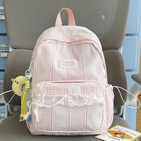 Korean Simple Aesthetic Lace Ruffle Solid Color Striped Backpack for Students Girl Large Capacity School Commute Travel Daypack