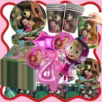 Mascha und der Bär Geburtstagsparty Dekorationsset Mädchen Mascha und Michka Geburtstagsteller Servietten Ballon Hintergrund Dekoration Zubehör