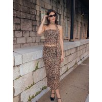 Women Sexy Leopard Print Two Piece Set Strapless Ruched Crop Top High Waist Maxi Skirt Outfit With Scarf For Club Party