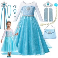 2026 Snow Queen Elsa Long Sleeves Dresses Girls Cosplay Costumes Christma Party Prom Gown Play Clothes Girl Cold Winter Costume
