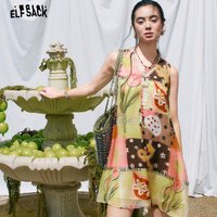 ELFSACK Boho Patchwork Print Mini Dress with Layered Chiffon, V-Neck Sleeveless A-Line Dress with Lace Bow