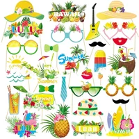 29pcs Hawaiian Party Photo Booth Props Aloha Luau Summer Photo Frame Flamingo Paper Eyeglass Happy Hawaiian Beach Party Decor