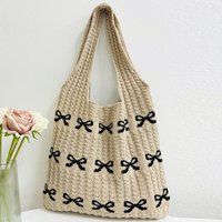 Women Soft Knitted Bag Large Capacity Bow Pattern Crochet Shoulder Bag Multifunctional Aesthetics Handbag for Shopping Traveling