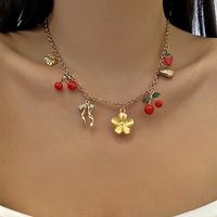 Charm Flower Bowknot Cherry Strawberry Pendant Necklace for Women Fashion Gold Color Metal Choker Chain Y2K Dainty Party Jewelry