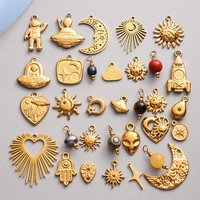 6pcs/Lot Real Gold Plated Space Alien Pendants Astronaut Sun Moon Star Charm Stainless Steel Charms For Jewelry Making Supplies