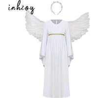 Sweet Girls Angel Costume Outfits Kids White Fancy Princess Church Robes Angel Dress+Feather Wings+Headband Dress Up 3Pcs Set